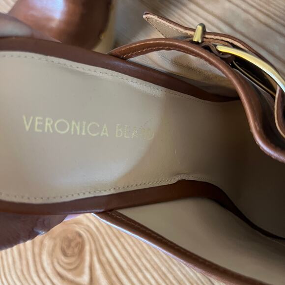 Veronica Beard Cognac Leather Wood Platform Heeled Mules Clogs Womens 10 Alek - Picture 10 of 15